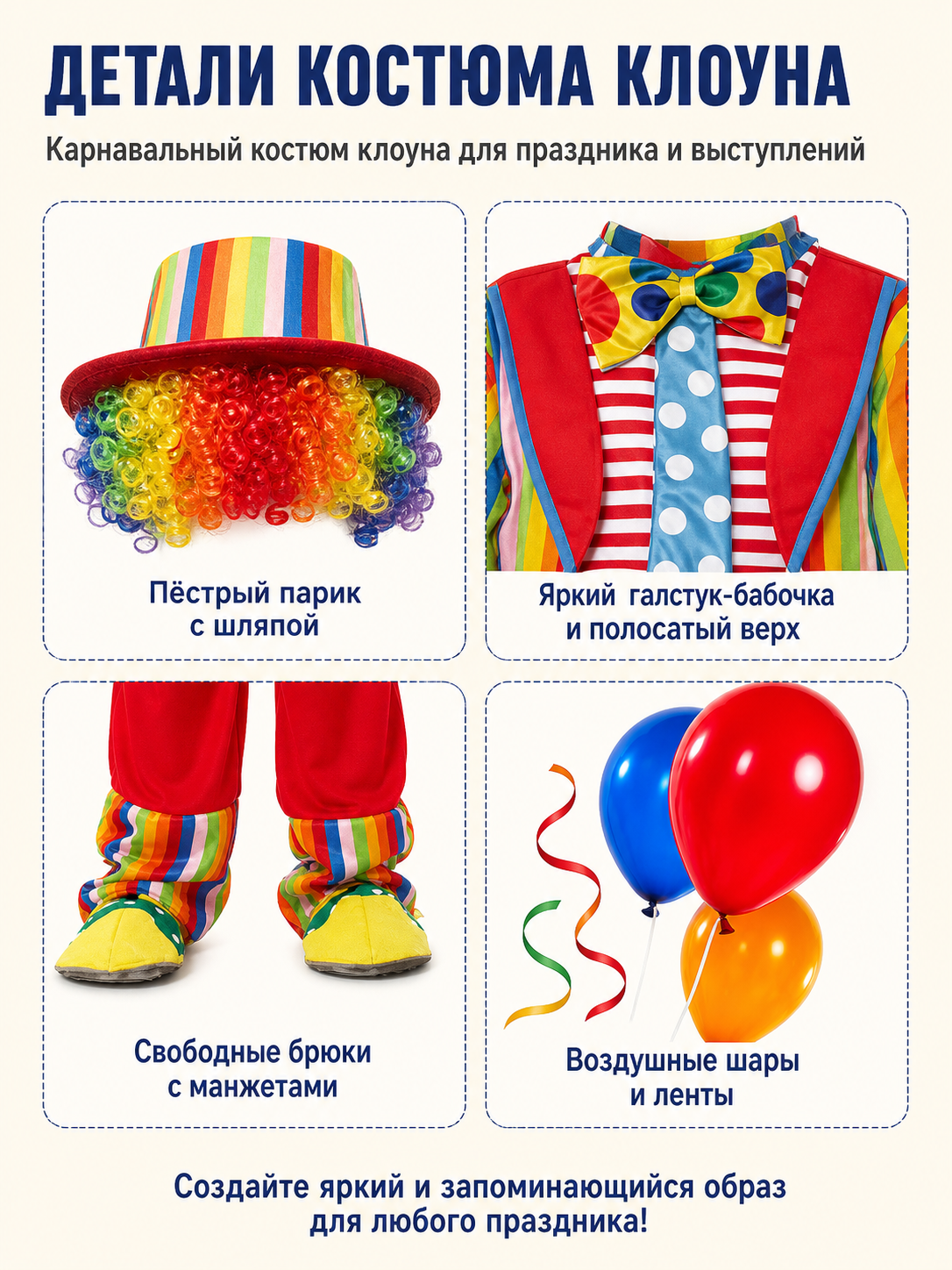 Clown Costume with Striped Top and Hat detail view