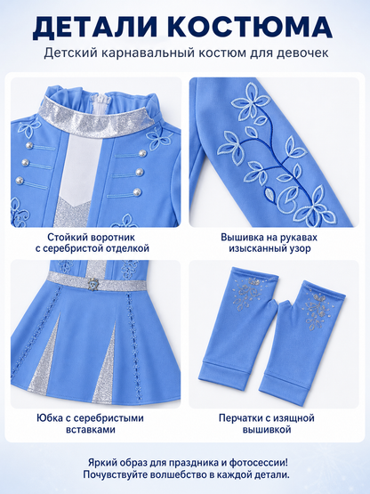 Children’s blue carnival costume with a white collar detail view