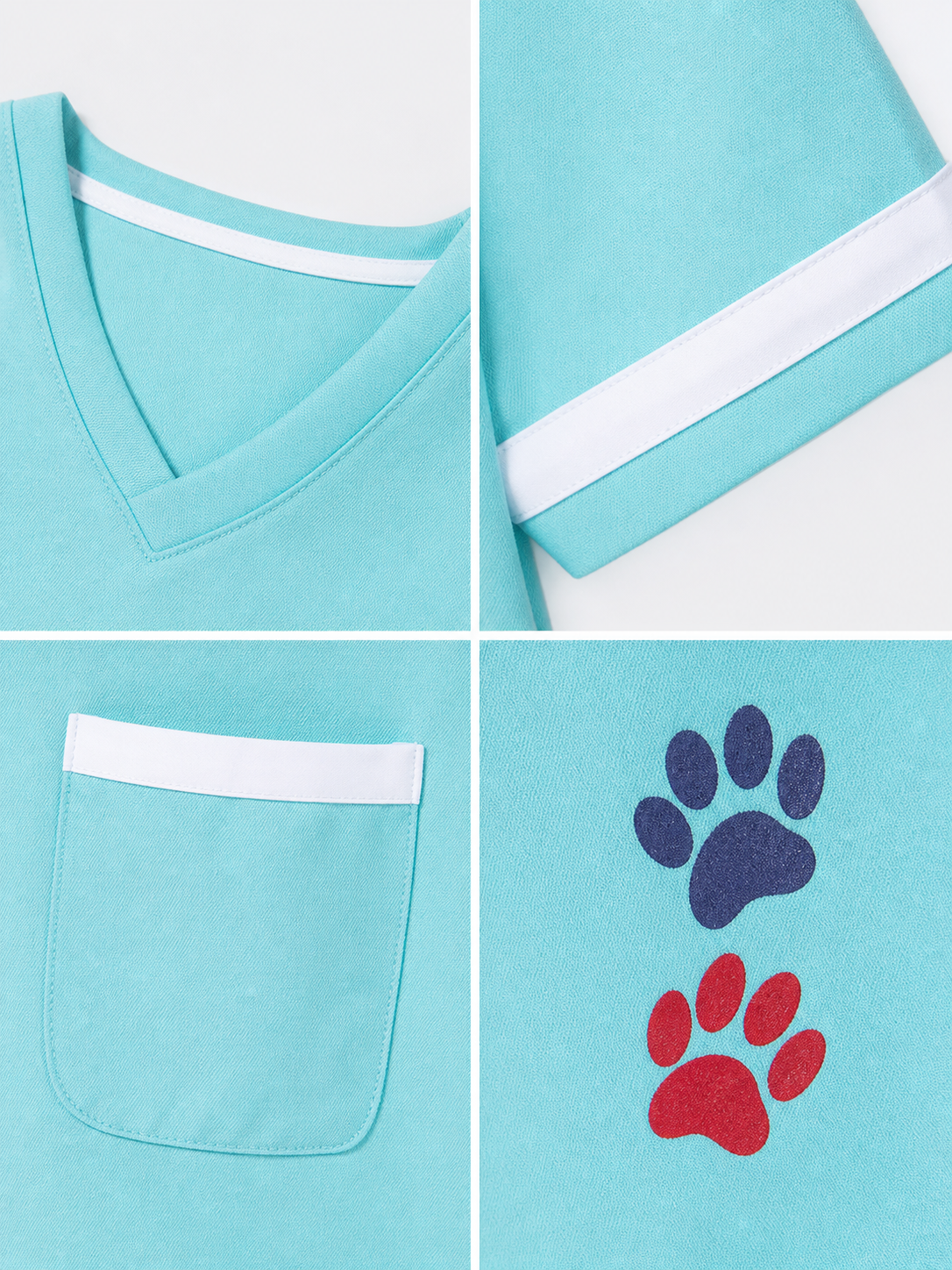 Veterinarian Medical Uniform Role-Play Costume: The set includes a short-sleeve V-neck top with a patch chest pocket and loose-fitting pants with white trim stripes along the bottom edge. The costume is light turquoise with white accents an
