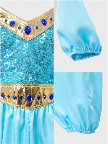 The princess costume is designed in an Arabic style and includes a light blue detail view