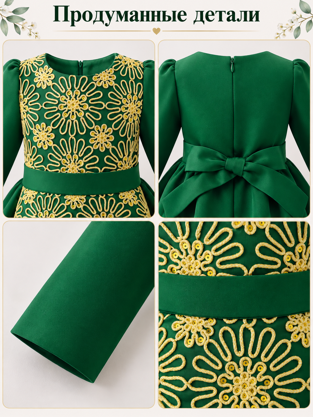 Dark Green Floor-Length Formal Dress for Girls with Bow