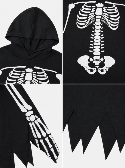 Black Hooded Cape with Skeleton Print detail view