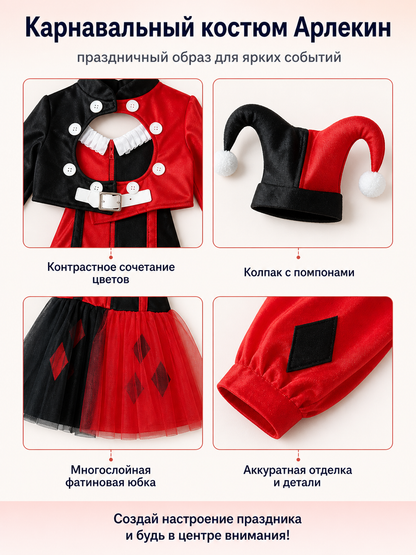 Halloween clown costume with dress and hat detail view