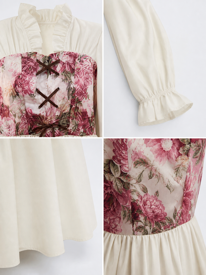 Retro-Style Dress with Floral Print and Lace-Up Front detail view