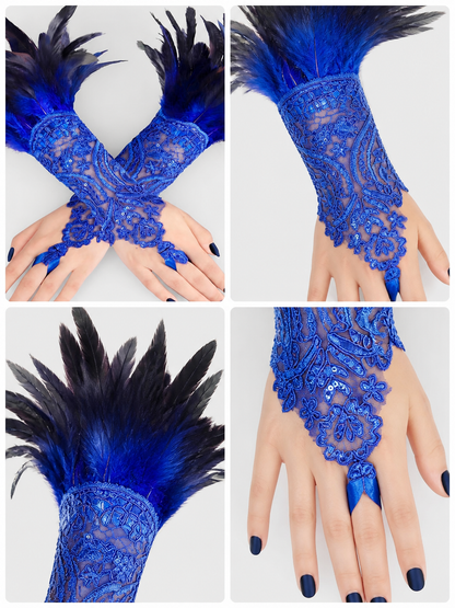 Blue Lace Feather Carnival Gloves, Pair