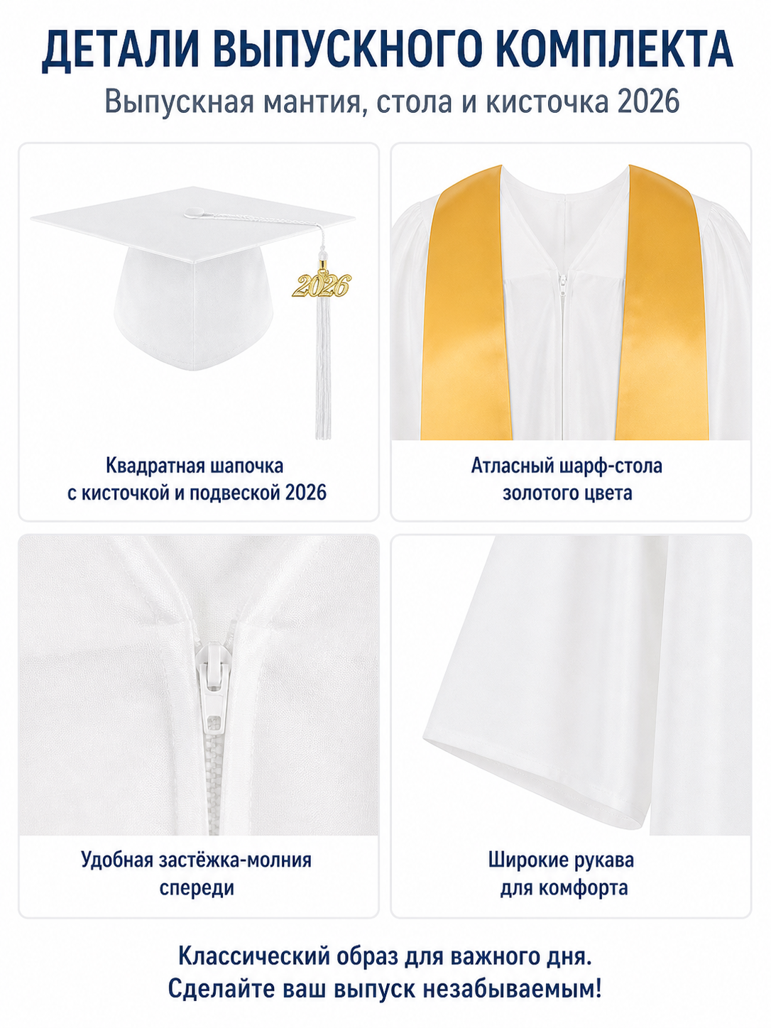 Graduation set with white gown, cap, and stole detail view