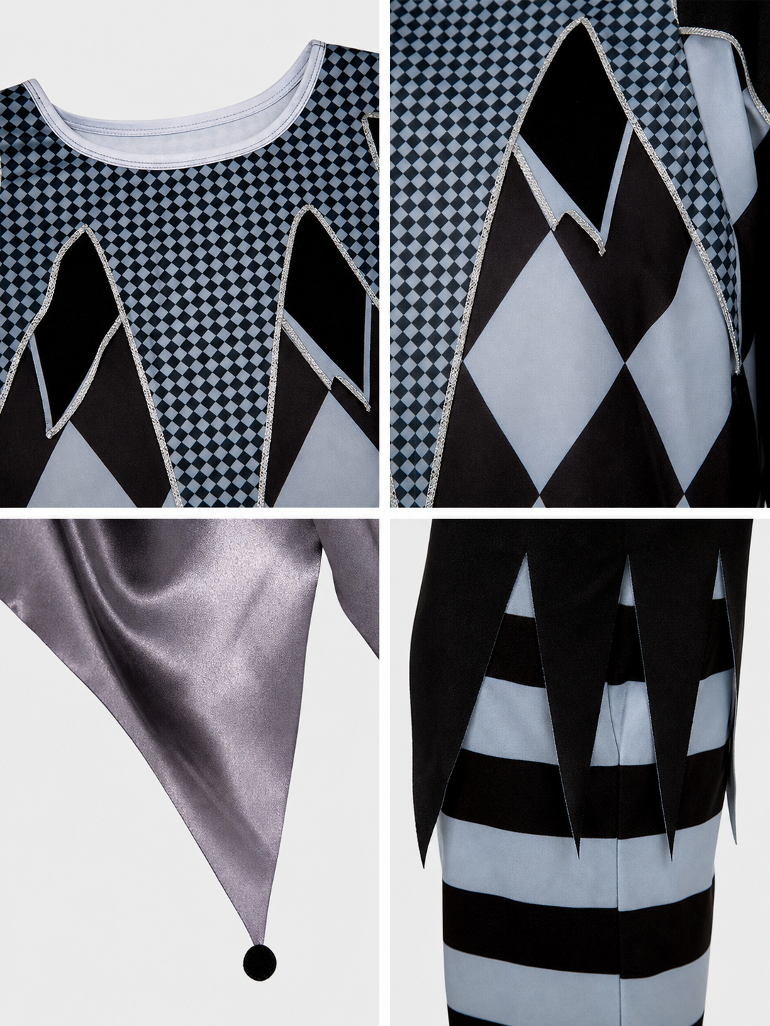 Clown costume designed in a striking circus style with elements of an evil clown detail view