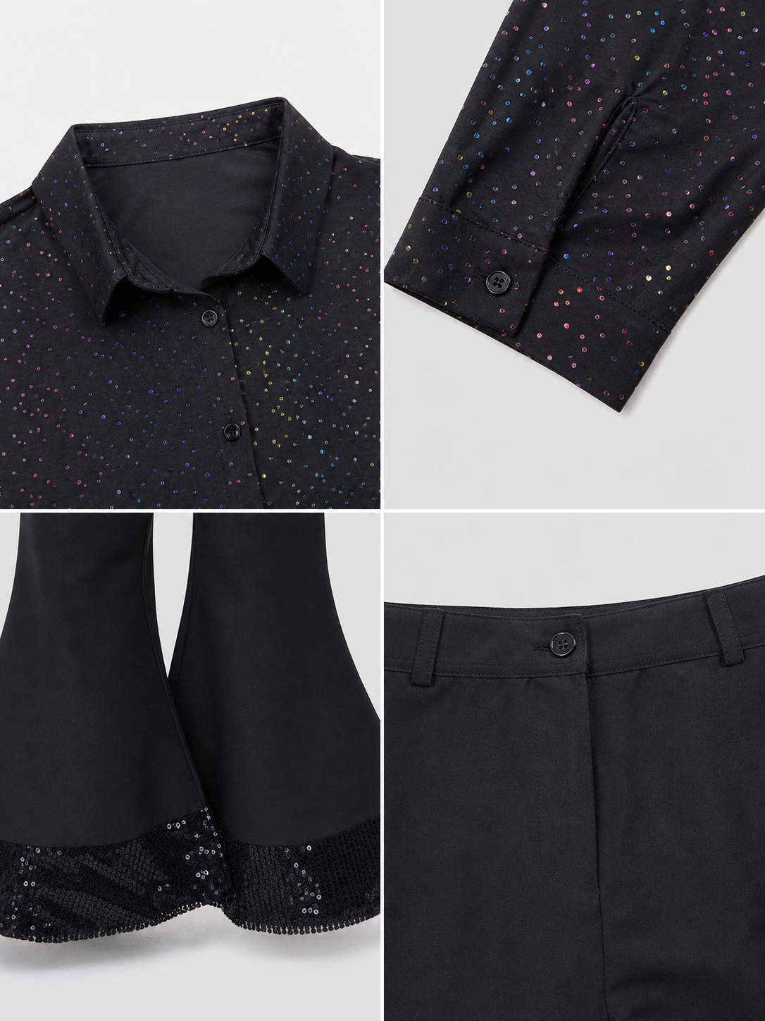 Retro disco-style stage performance costume. The set includes a black detail view