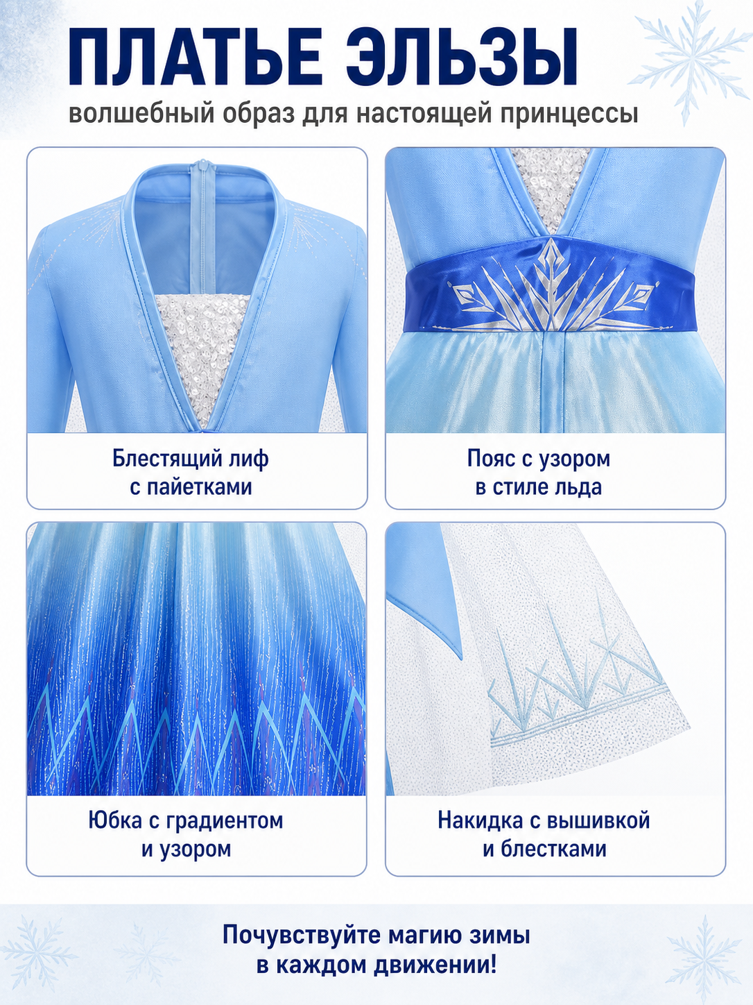 Princess Elsa Dress with Cape and Icy Pattern detail view