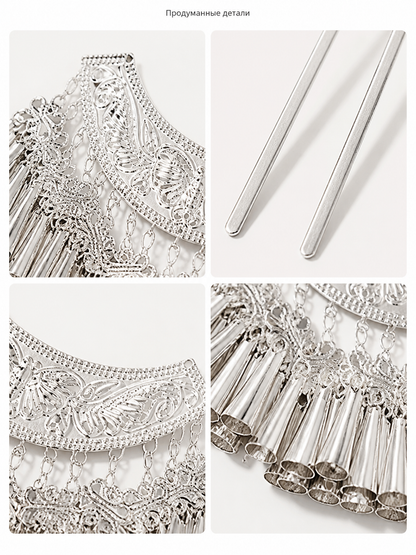 Carnival Headpiece, Silver Moon-Shaped with Dangling Charms detail view