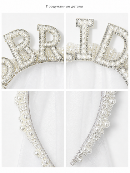 Carnival wedding headband with a white veil for Halloween detail view