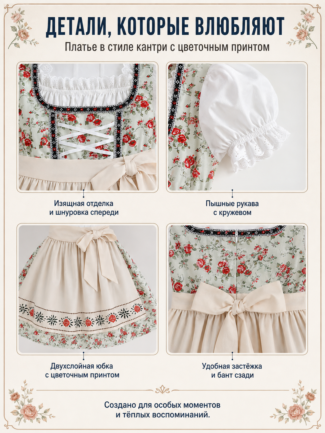 Dirndl Dress with Apron and Kerchief Featuring a Red Rose Print