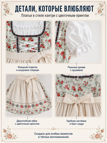 Dirndl Dress with Apron and Kerchief Featuring a Red Rose Print