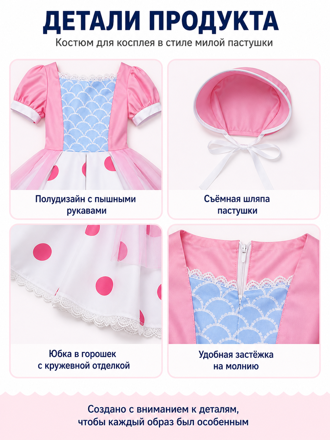 Bo Peep Cosplay Dress, White and Light Blue Polka Dot, with Hat detail view