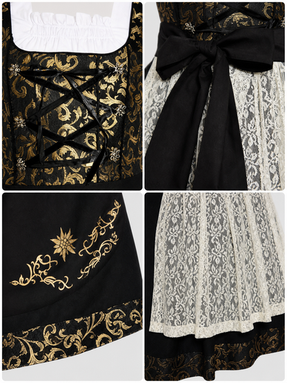 Dirndl Dress with Apron, Black and Gold, S–XXXL