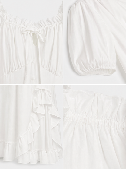 White Midi Dress with a Corset-Style Bodice and Ruffles
