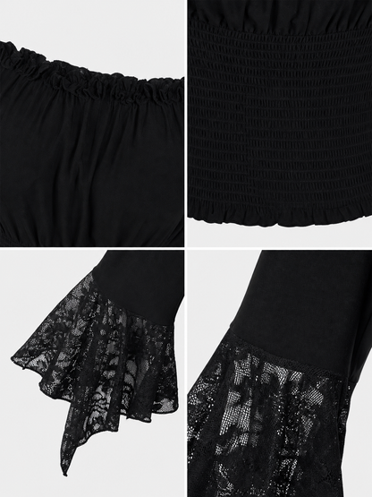 Black off-the-shoulder blouse with ruffles and long sleeves