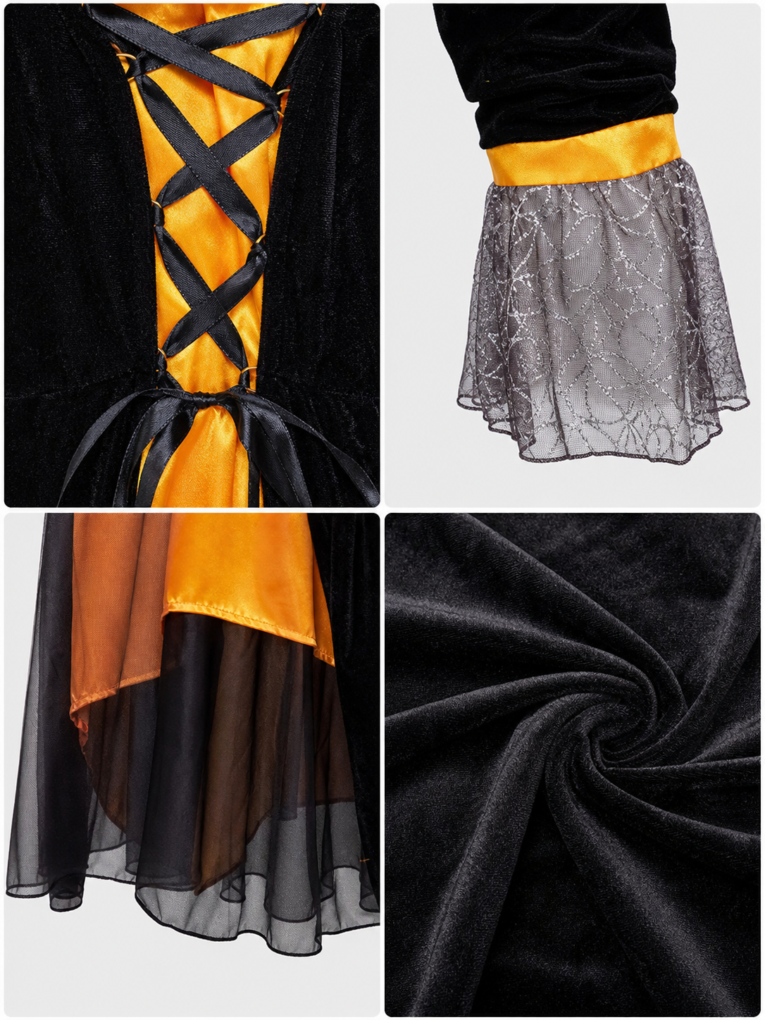 This Halloween costume includes a long dress and a pointed hat. The dress is in a black-and-orange color scheme: the center features a bright orange panel, and the black outer layer has a flared hem. The semi-sheer sleeves are decorated wit