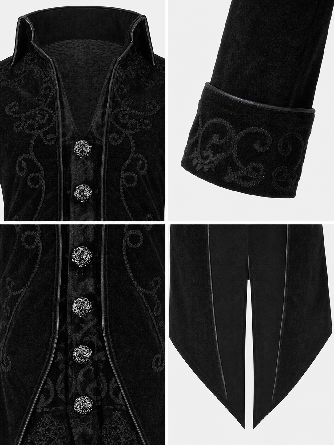 Black embroidered coat with a stand-up collar and pointed tails