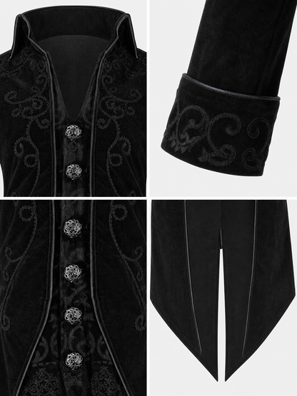 Black embroidered coat with a stand-up collar and pointed tails