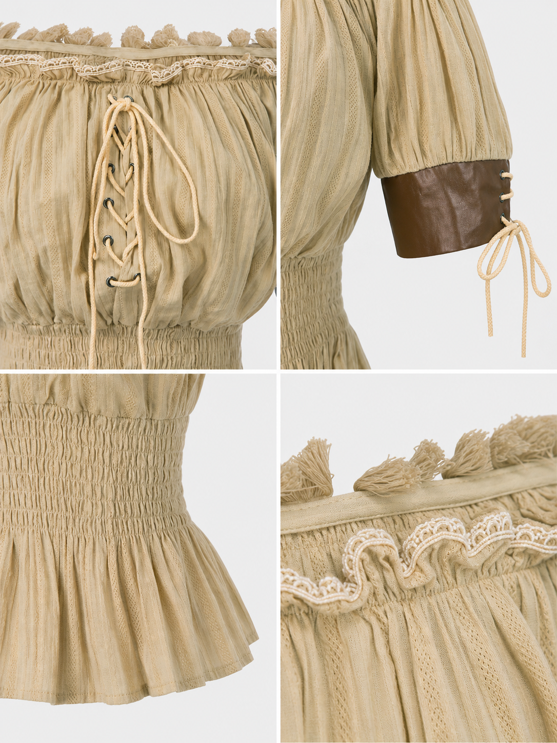 Vintage-Style Peasant Blouse with Lace-Up Front and Lace Trim