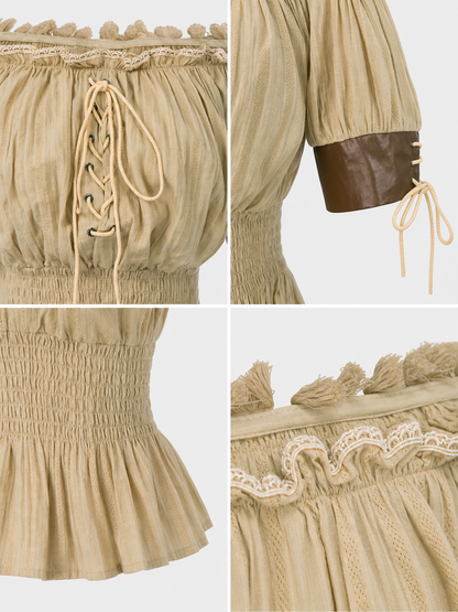 Vintage-Style Peasant Blouse with Lace-Up Front and Lace Trim