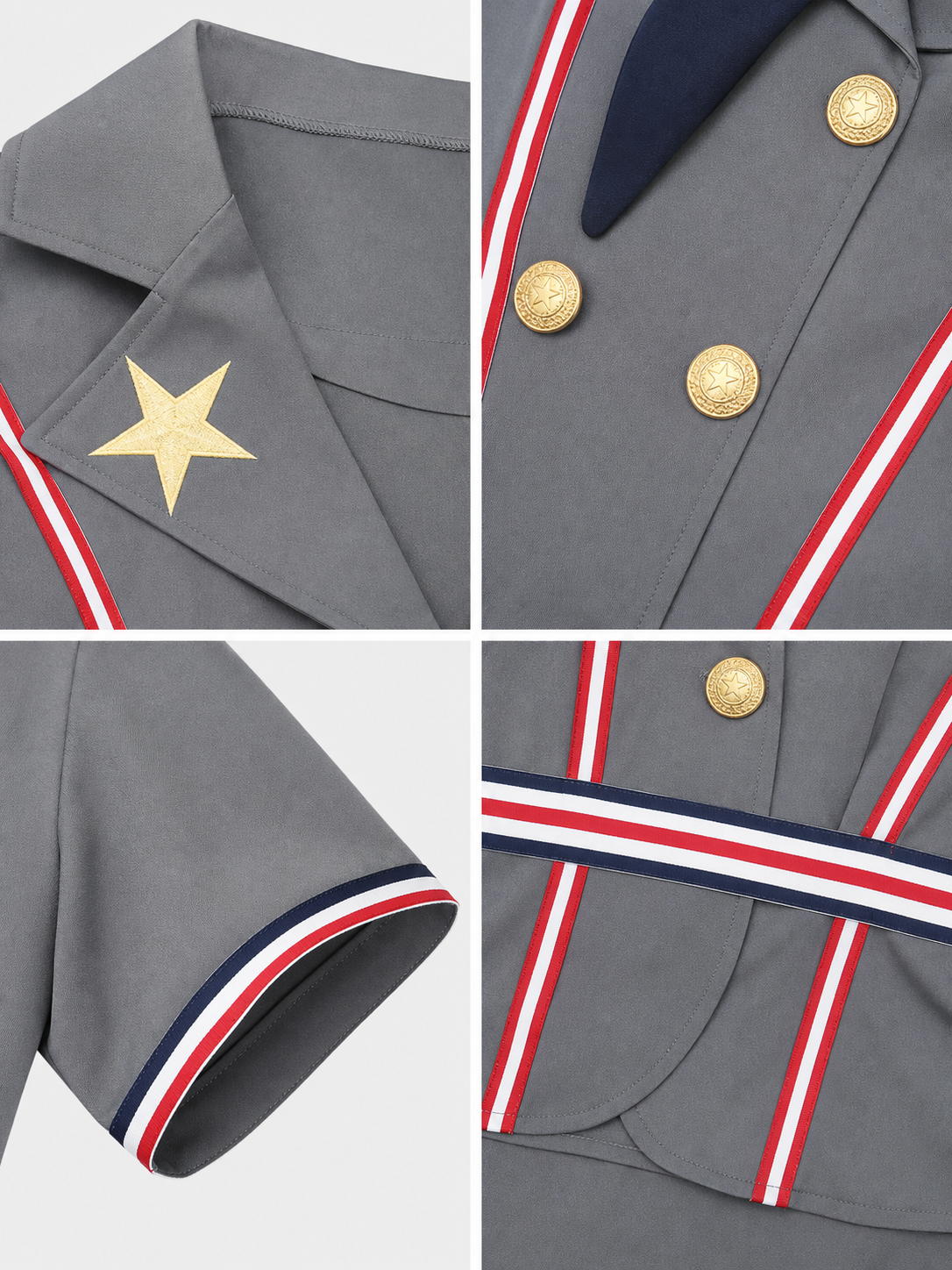 The set is designed in the style of a professional uniform and includes a short-sleeved top with a notched collar paired with a matching skirt. The design features gray, dark blue, red, gold, and black colors. The front of the top has red, 