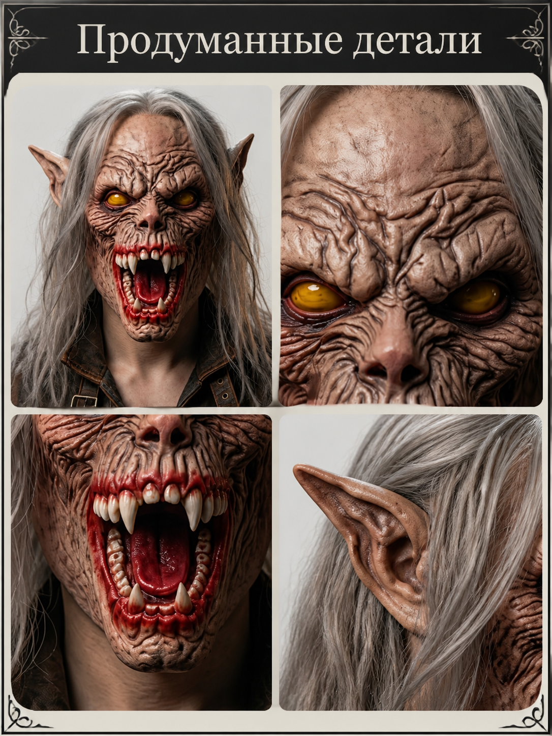 Halloween Demon Mask with Split Mouth and Fangs detail view