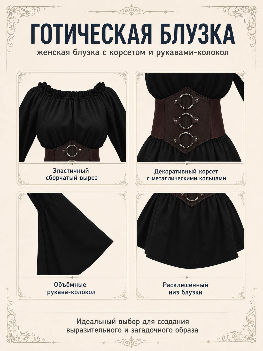 Black Long-Sleeve Blouse with Belt for Cosplay detail view