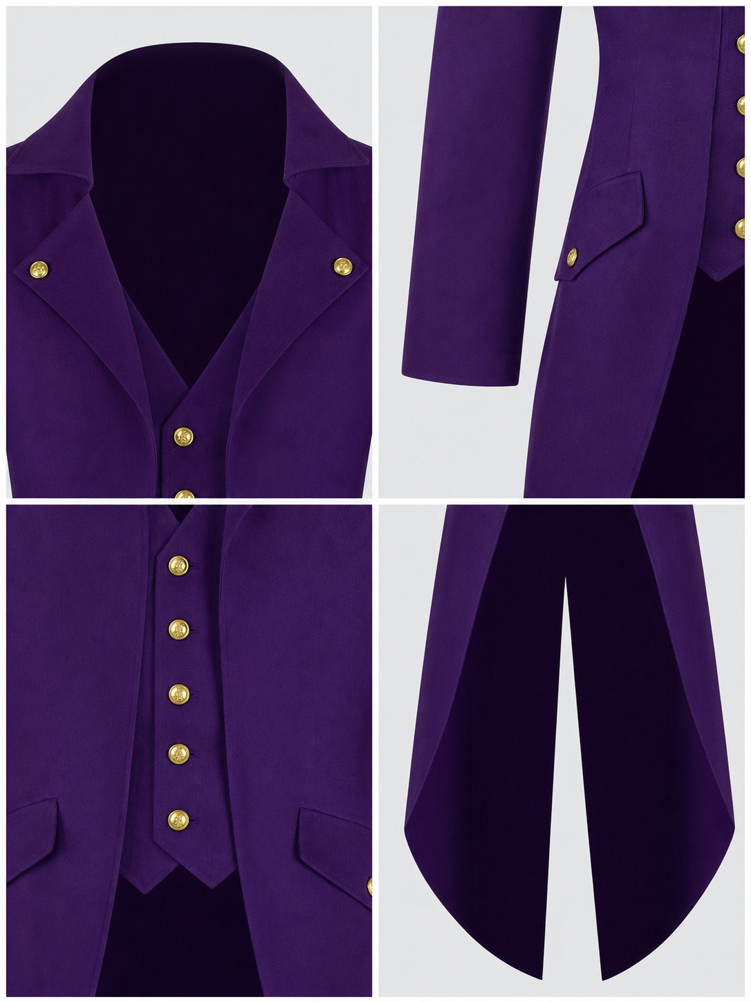 The model is designed as a long tailcoat-style coat with a vintage aesthetic and