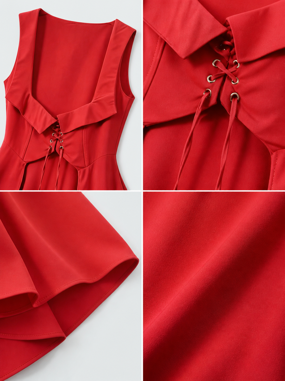 The red dress is designed in a vintage corset style and is suitable for costume events, themed parties, stage performances, and special occasions. The sleeveless design features a wide rounded neckline and a fitted bodice with structured pa