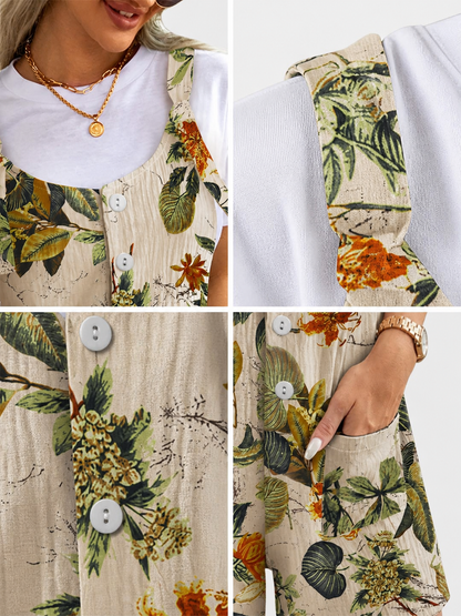 Information card showing close-up details of the floral romper, including buttons, textured fabric, strap, and pocket