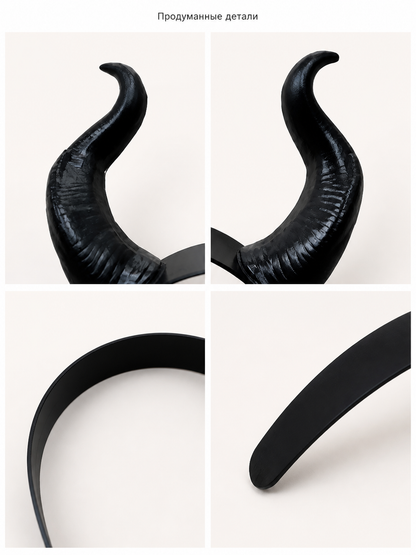 Halloween Carnival Headband with Black Demon Horns detail view