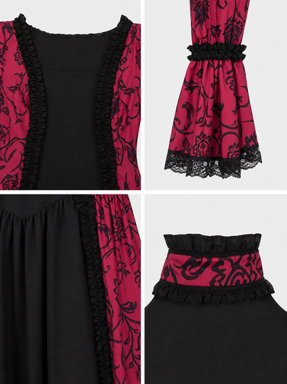 Women’s Gothic Medieval Court Costume Dress 2pcs Set With Neck Accessory, Red Black Scroll Print, Square Neck Long Sleeve Cosplay Outfit