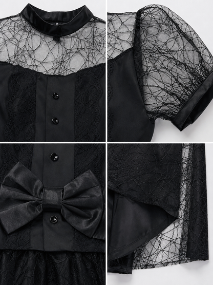 Black Witch Dress with Bow and Lace Insert