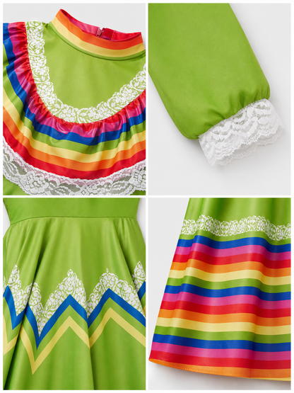 Bright folk dress with a full skirt and lace