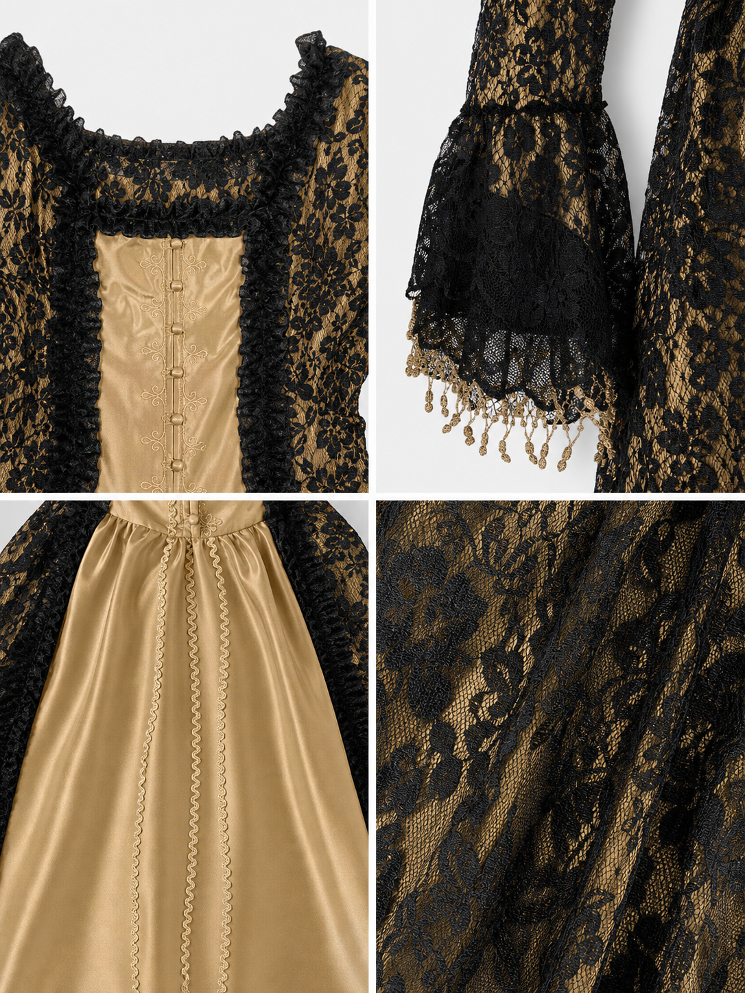 The dress is designed in a historical style with theatrical and decorative