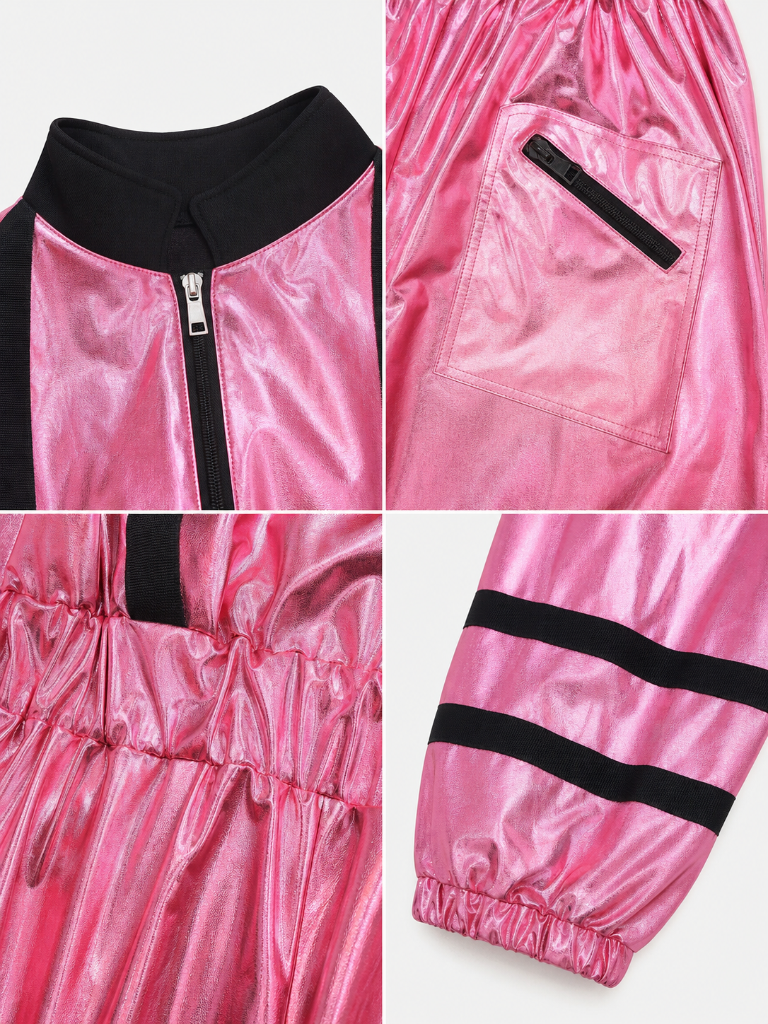 The pink NASA astronaut costume is designed as a one-piece jumpsuit with long sleeves, a stand-up collar, and a central zip closure. The model is pink with black decorative elements: a vertical stripe on the front, zippered side pockets, ho