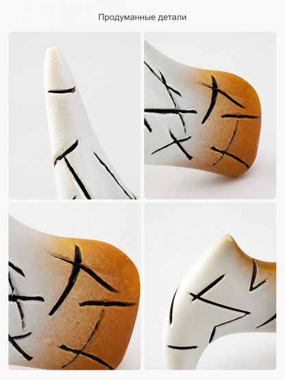 Information card showing close-up views of the headpiece surface, pointed tip, amber section, and black markings