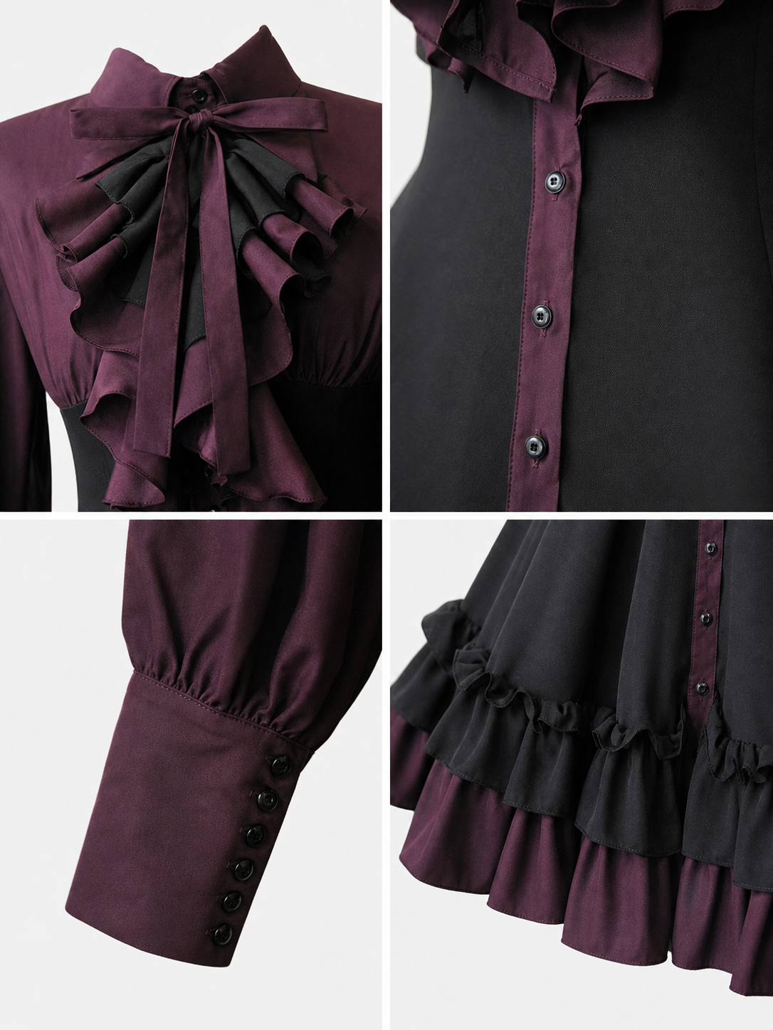 Women’s Gothic Renaissance Dress, Medieval Steampunk Style, Black And Burgundy Long Sleeve High Neck Ruffle A-Line Costume Outfit