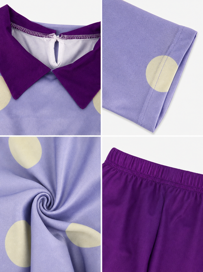 A bright costume set in the style of the character from Inside Out 2 is designed for a themed look and an eye-catching transformation. The set includes a long-sleeve tunic dress, matching leggings, and a headpiece with the character’s face 