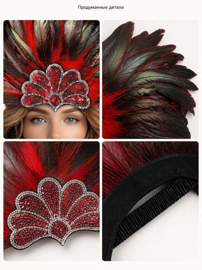 Red and black feather carnival headpiece product view 34