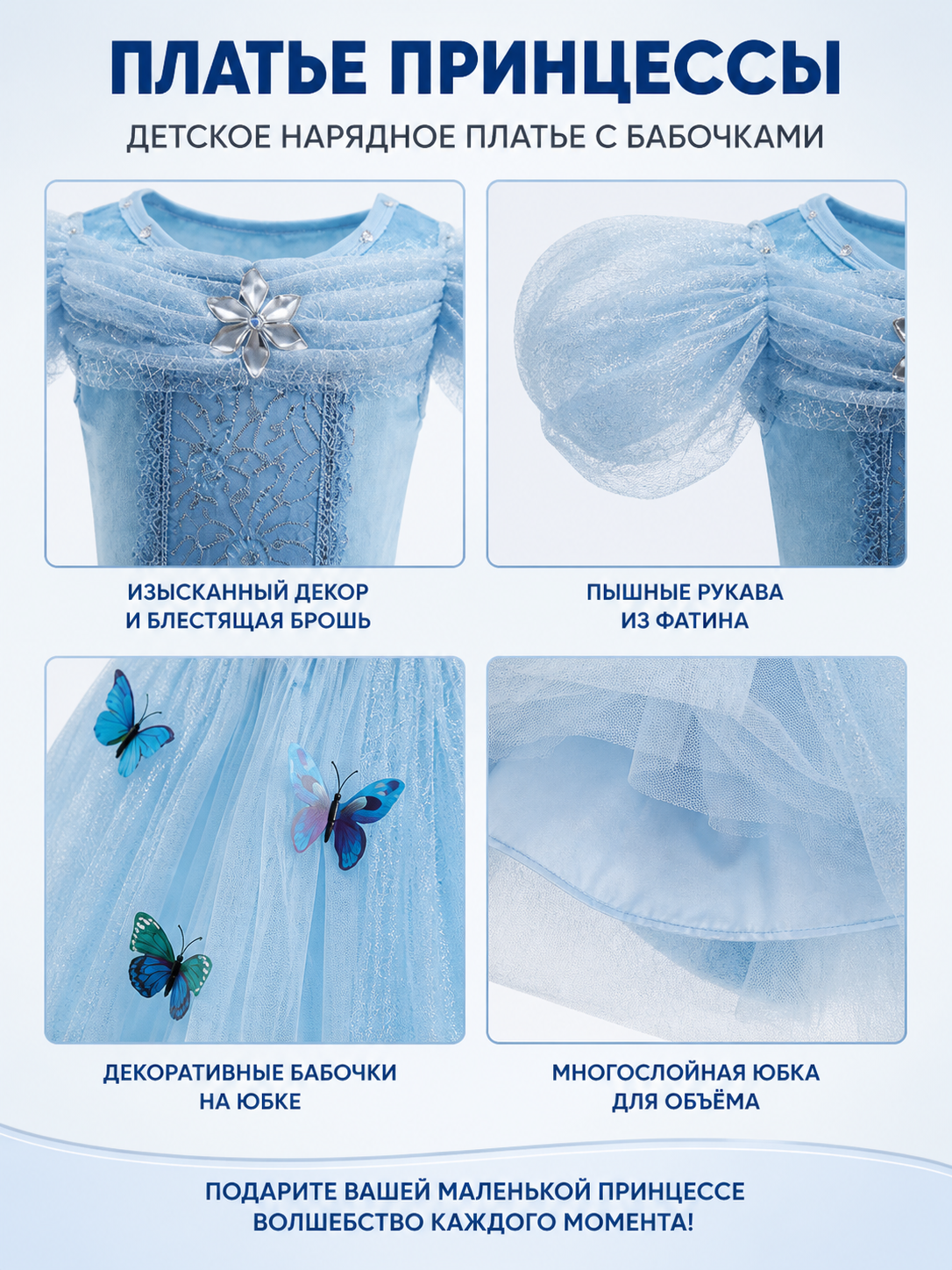 Blue Princess Dress with Butterflies and Full Skirt detail view