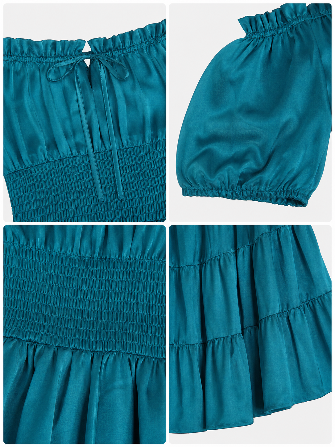 Detail collage of the teal dress showing the tie neckline, puff sleeve cuff, smocked waist, gathered fabric, and tiered skirt hem