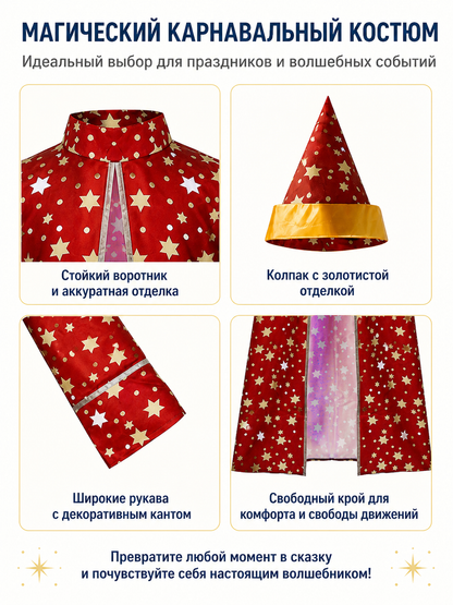 Wizard Costume with Robe and Star-Patterned Hat detail view