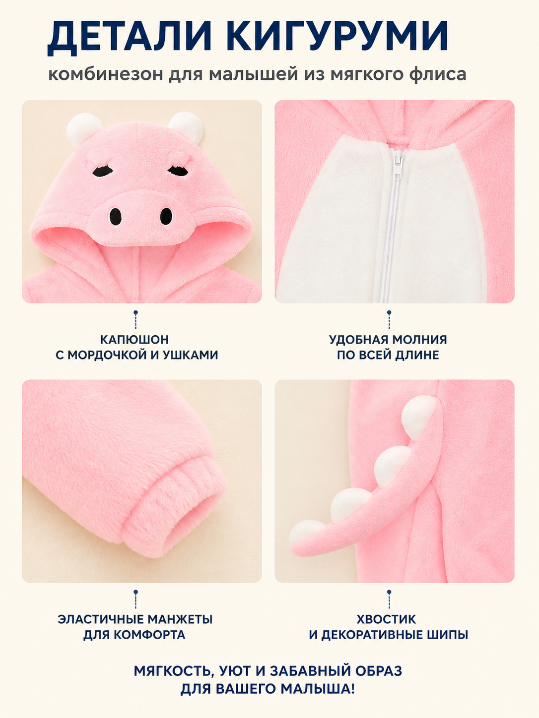 Pink Dinosaur Hooded Children's Jumpsuit detail view
