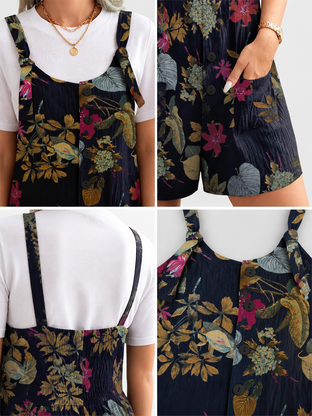 Dark Blue Overall Shorts with Yellow Floral Print detail view
