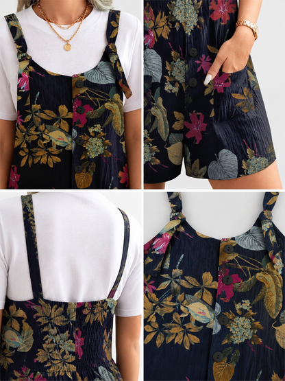 Dark Blue Overall Shorts with Yellow Floral Print detail view