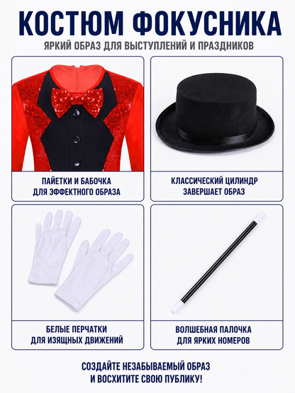 Red Magician Costume with Sequins, Hat, and Gloves detail view