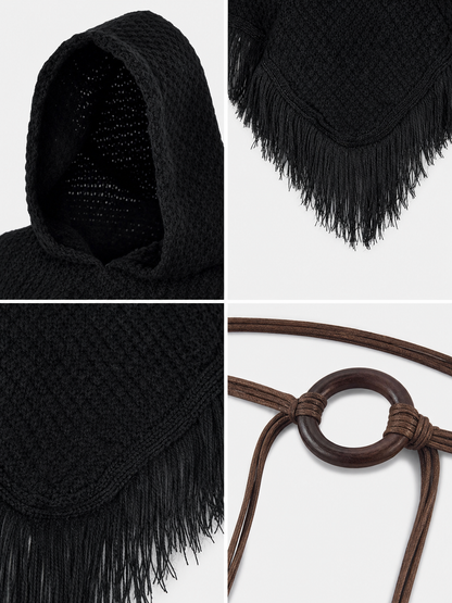 Triangular Hooded Poncho Cape with Belt